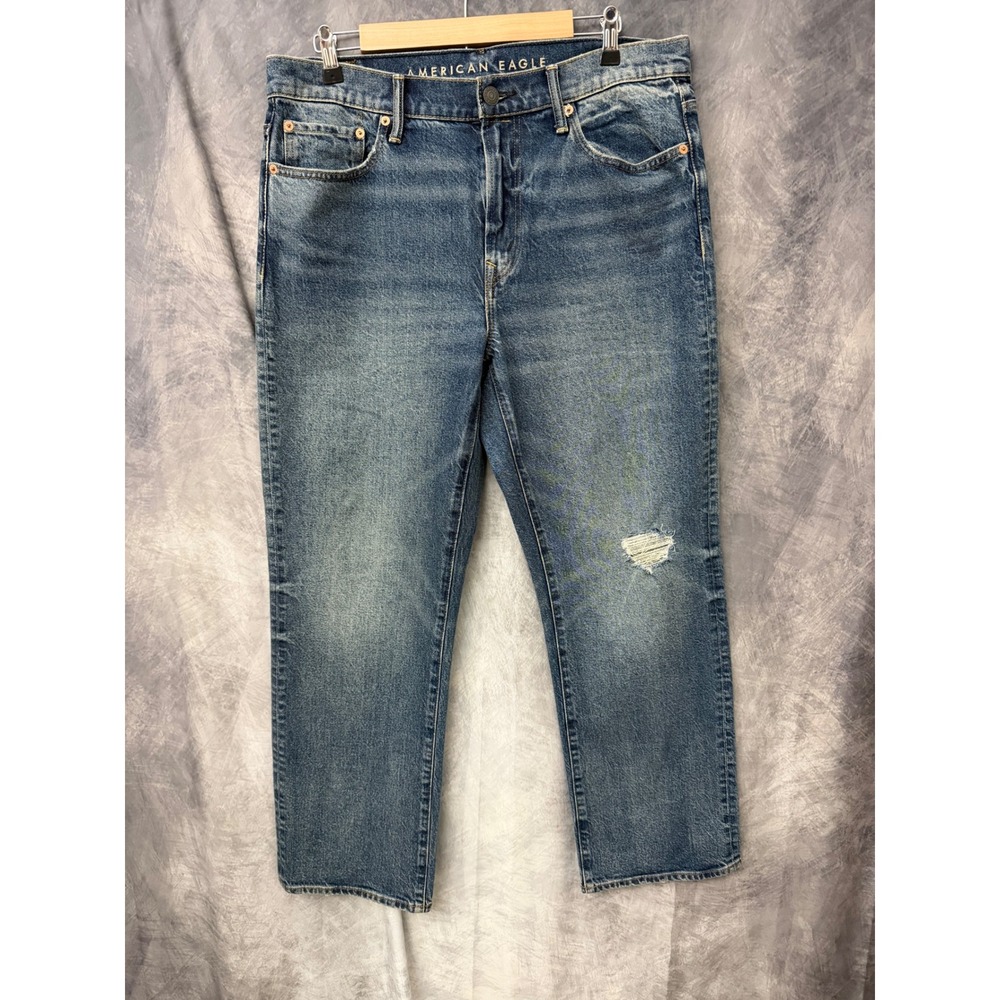 American Eagle Mens Straight Leg Blue Denim Distressed Jeans 32x30 Medium Wash